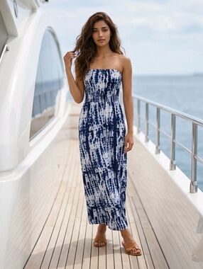 Lucky Brand Strapless Maxi Dress Small Navy Tie Dye Smocked Tube Resort Summer